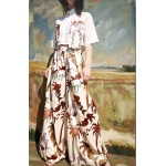 NUREA COTTON WIDE-HAREM PANTS OFF WHITE PALM ART PRINT