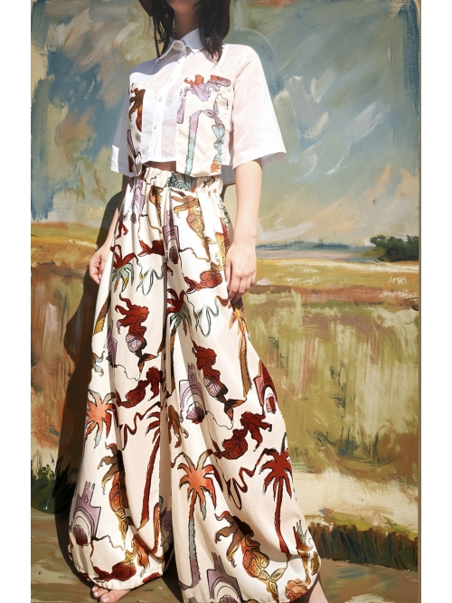 NUREA COTTON WIDE-HAREM PANTS OFF WHITE PALM ART PRINT