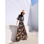 NUREA COTTON WIDE-HAREM PANTS BLACK PALM ART PRINT
