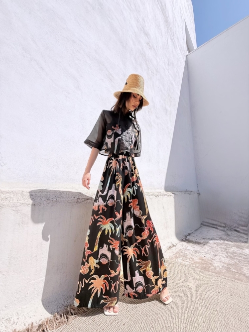 NUREA COTTON WIDE-HAREM PANTS BLACK PALM ART PRINT