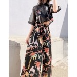 NUREA COTTON WIDE-HAREM PANTS BLACK PALM ART PRINT
