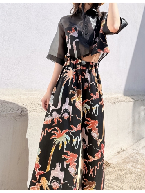 NUREA COTTON WIDE-HAREM PANTS BLACK PALM ART PRINT