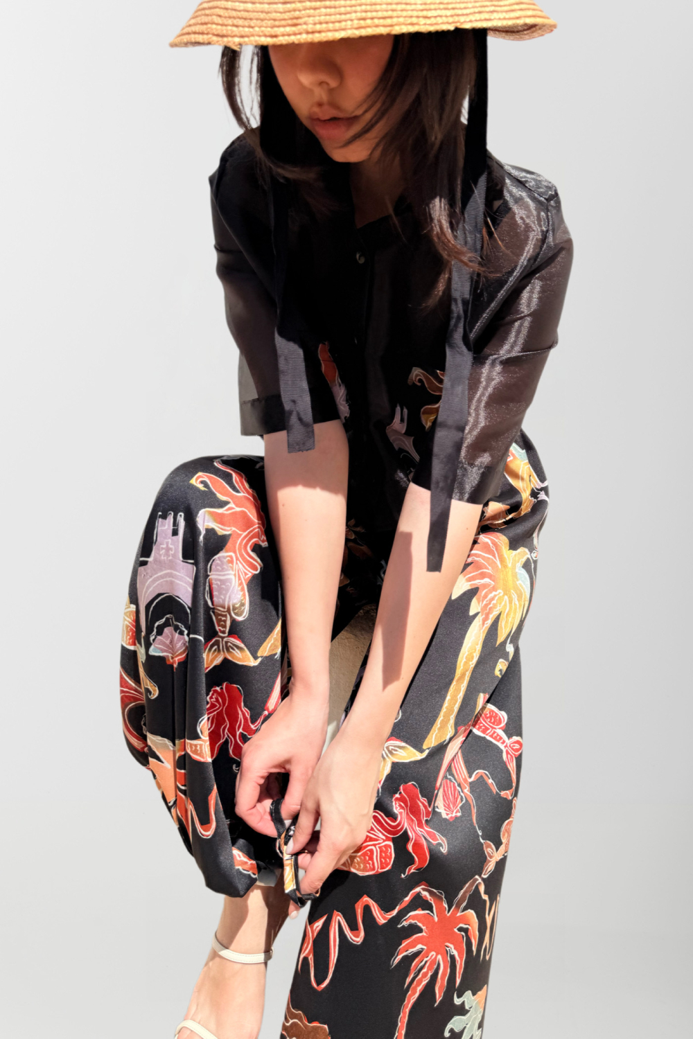 NUREA COTTON WIDE-HAREM PANTS BLACK PALM ART PRINT