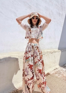 NUREA COTTON WIDE-HAREM PANTS OFF WHITE PALM ART PRINT