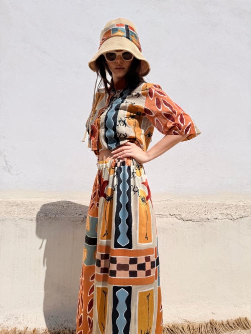 NUREA COTTON WIDE-HAREM PANTS CHASE THE SUN PRINT