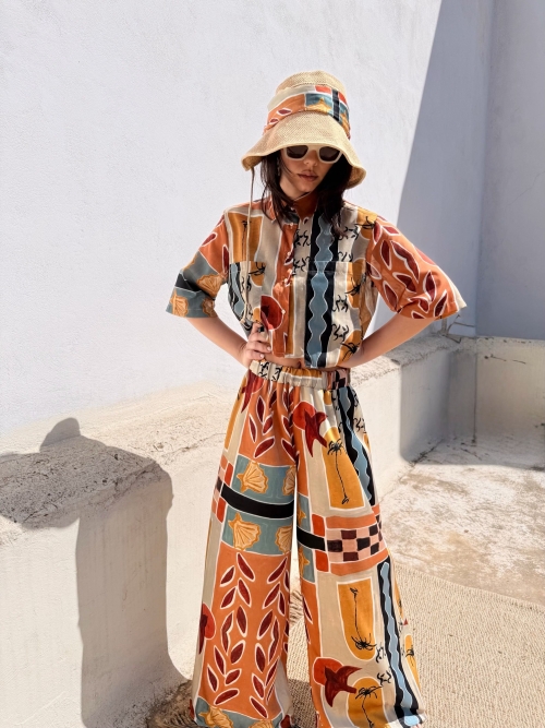 NUREA COTTON WIDE-HAREM PANTS CHASE THE SUN PRINT