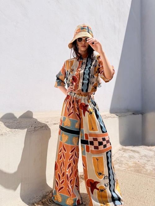 NUREA COTTON WIDE-HAREM PANTS CHASE THE SUN PRINT