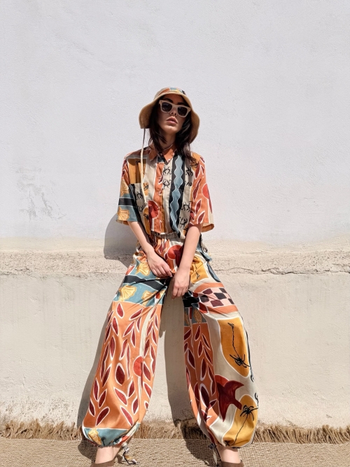 NUREA COTTON WIDE-HAREM PANTS CHASE THE SUN PRINT