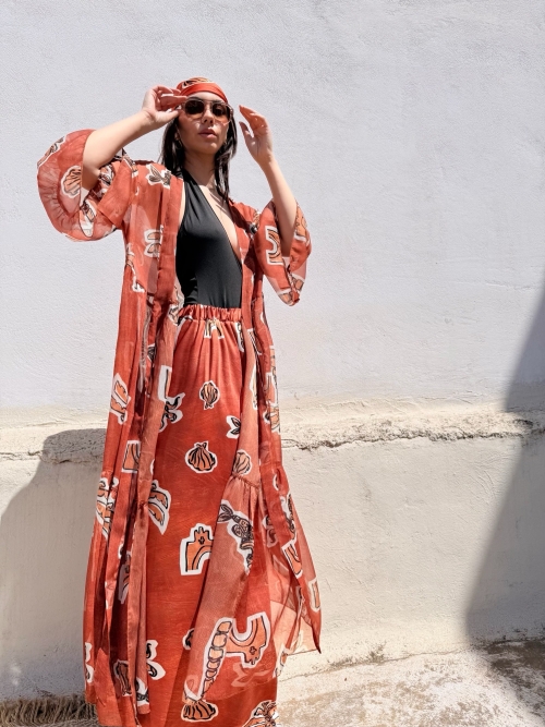 HERMIS SILK MAXI KAFTAN PRINTED CANELLE ELEMENTS