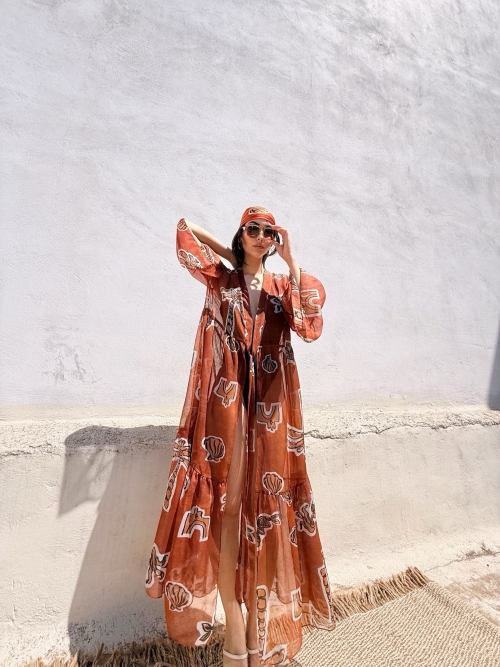 HERMIS SILK MAXI KAFTAN PRINTED CANELLE ELEMENTS