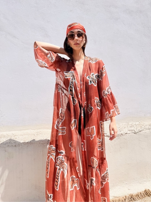 HERMIS SILK MAXI KAFTAN PRINTED CANELLE ELEMENTS