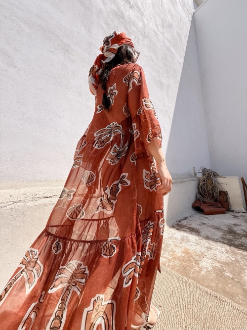 HERMIS SILK MAXI KAFTAN PRINTED CANELLE ELEMENTS