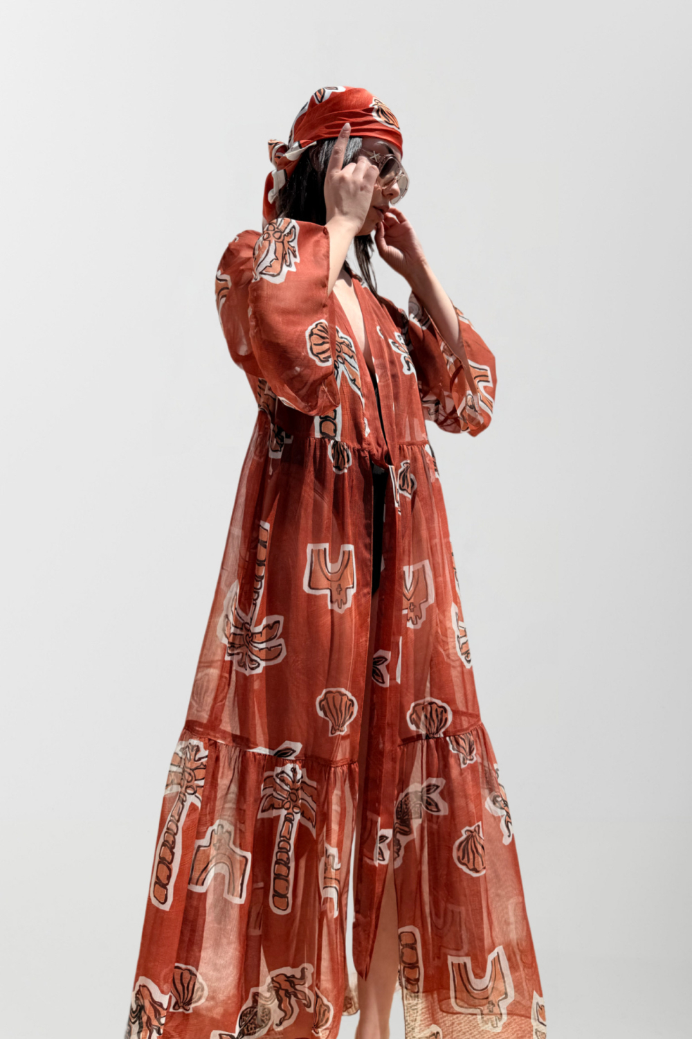 HERMIS SILK MAXI KAFTAN PRINTED CANELLE ELEMENTS
