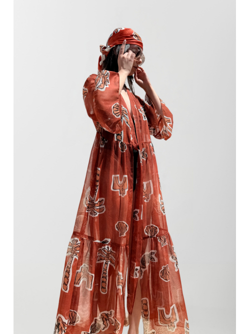HERMIS SILK MAXI KAFTAN PRINTED CANELLE ELEMENTS
