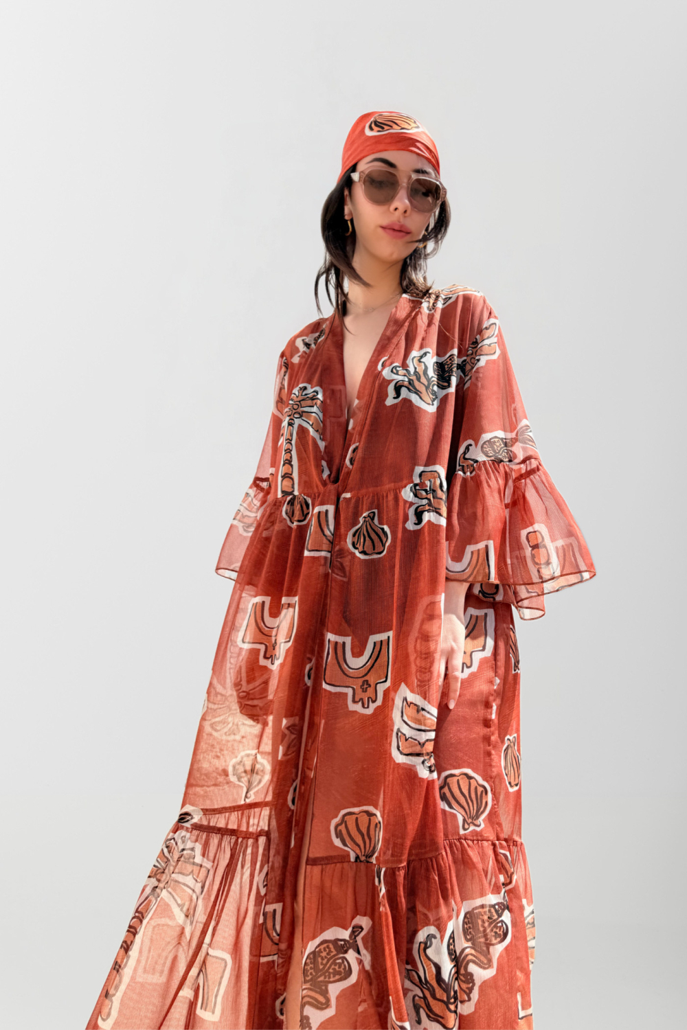 HERMIS SILK MAXI KAFTAN PRINTED CANELLE ELEMENTS