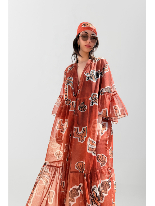 HERMIS SILK MAXI KAFTAN PRINTED CANELLE ELEMENTS