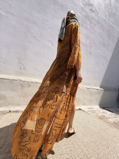 HERMIS SILK MAXI KAFTAN PRINTED CARAMEL LINE PRINT - Image 6
