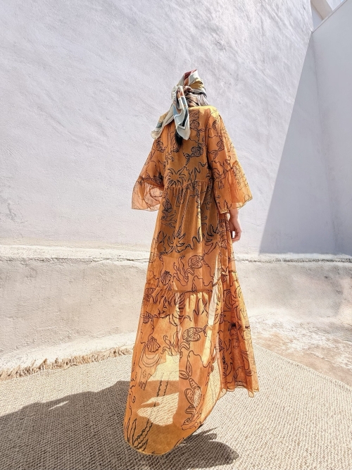 HERMIS SILK MAXI KAFTAN PRINTED CARAMEL LINE PRINT