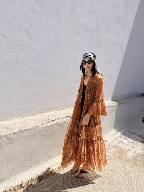 HERMIS SILK MAXI KAFTAN PRINTED CARAMEL LINE PRINT
