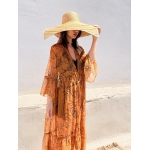 HERMIS SILK MAXI KAFTAN PRINTED CARAMEL LINE PRINT