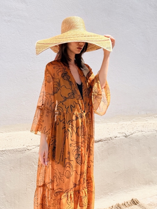 HERMIS SILK MAXI KAFTAN PRINTED CARAMEL LINE PRINT
