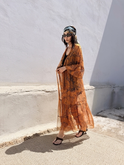 HERMIS SILK MAXI KAFTAN PRINTED CARAMEL LINE PRINT