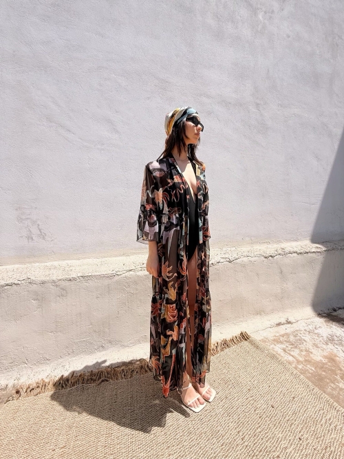 HERMIS SILK MAXI KAFTAN PRINTED BLACK PALM ART