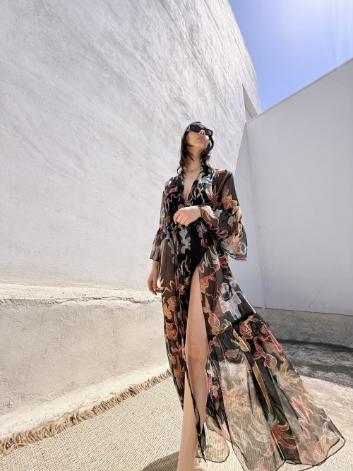 HERMIS SILK MAXI KAFTAN PRINTED BLACK PALM ART