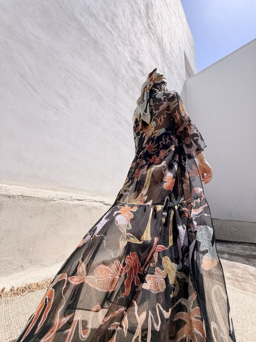 HERMIS SILK MAXI KAFTAN PRINTED BLACK PALM ART