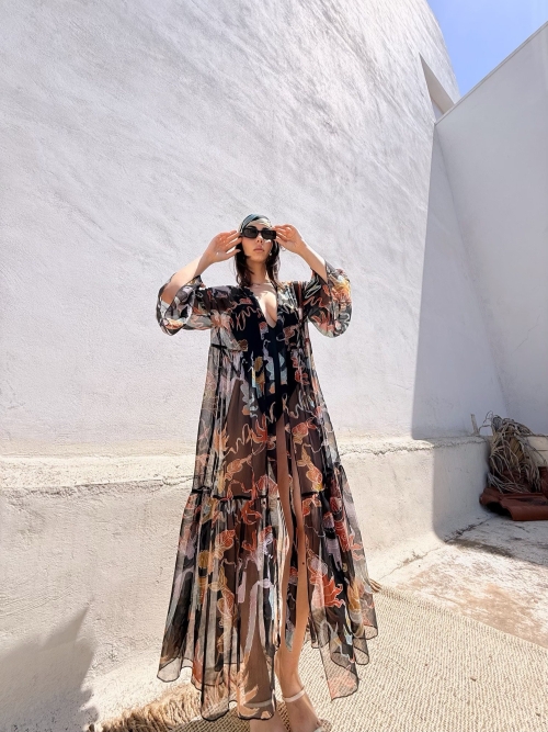 HERMIS SILK MAXI KAFTAN PRINTED BLACK PALM ART