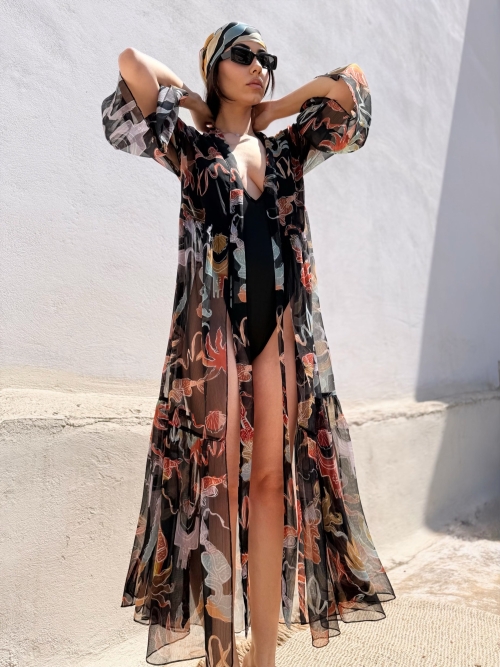 HERMIS SILK MAXI KAFTAN PRINTED BLACK PALM ART