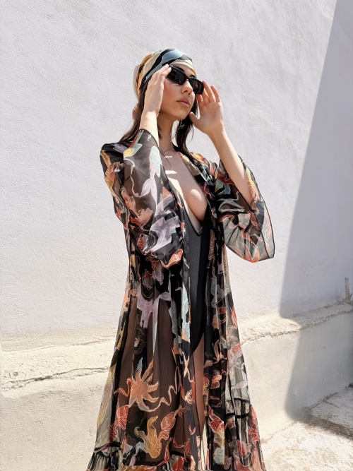 HERMIS SILK MAXI KAFTAN PRINTED BLACK PALM ART