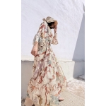 HERMIS SILK MAXI KAFTAN PRINTED ECRU PALM ART
