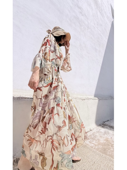 HERMIS SILK MAXI KAFTAN PRINTED ECRU PALM ART