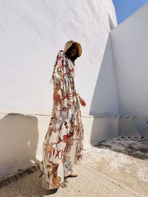 HERMIS SILK MAXI KAFTAN PRINTED ECRU PALM ART