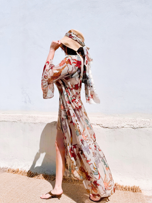 HERMIS SILK MAXI KAFTAN PRINTED ECRU PALM ART