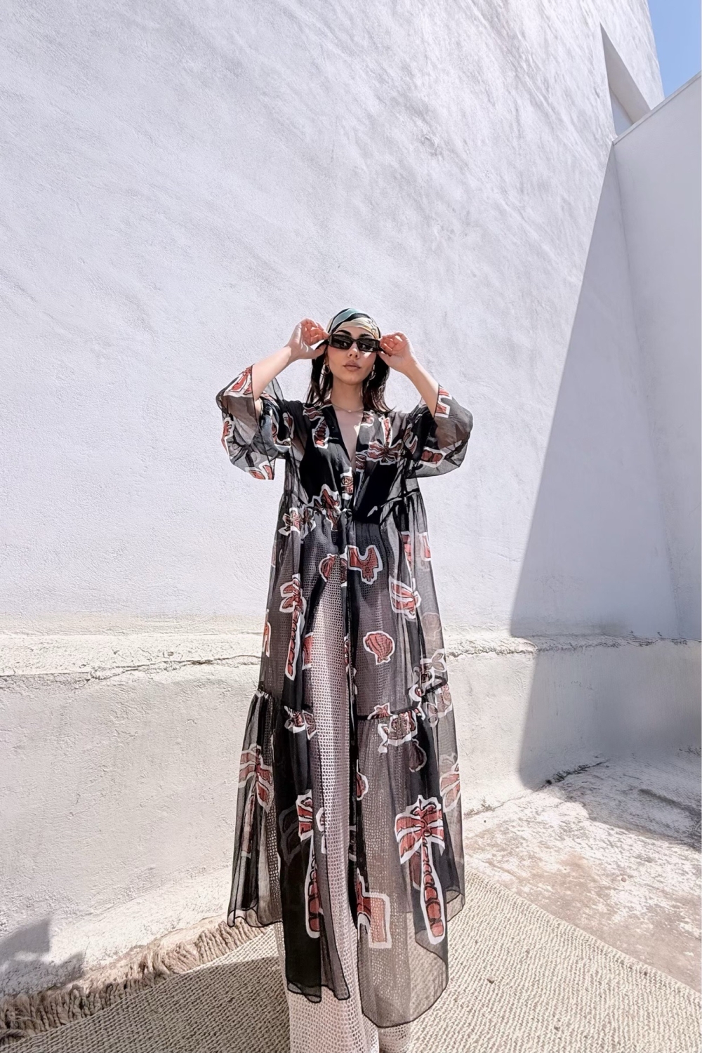 HERMIS SILK MAXI KAFTAN PRINTED BLACK ELEMENTS