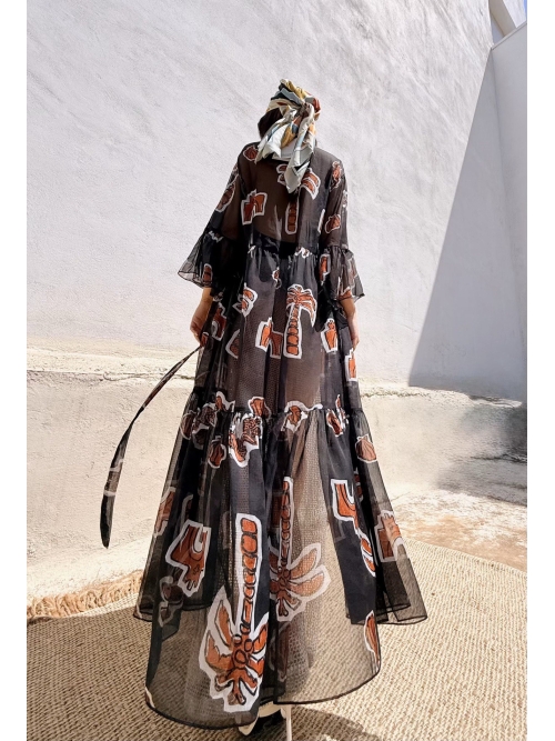 HERMIS SILK MAXI KAFTAN PRINTED BLACK ELEMENTS