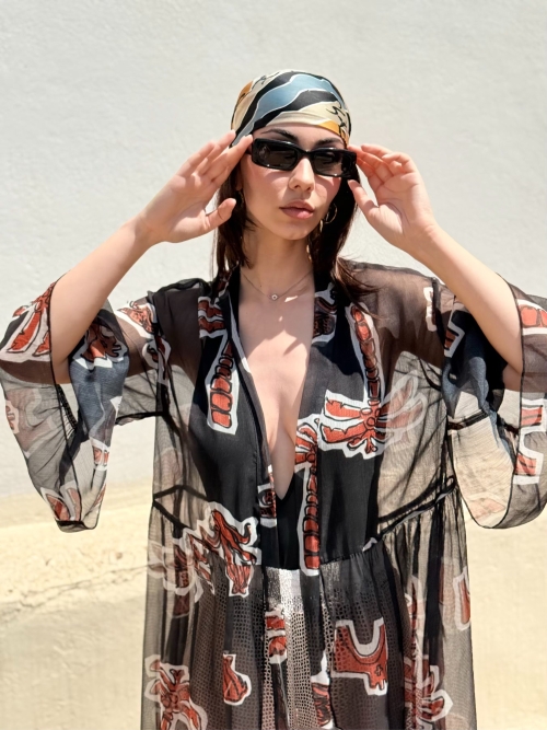 HERMIS SILK MAXI KAFTAN PRINTED BLACK ELEMENTS