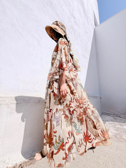 HERMIS SILK MAXI KAFTAN PRINTED ECRU PALM ART