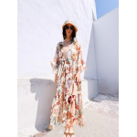 HERMIS SILK MAXI KAFTAN PRINTED ECRU PALM ART