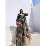 HERMIS SILK MAXI KAFTAN PRINTED BLACK ELEMENTS