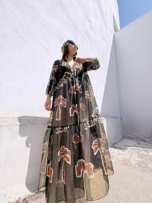 HERMIS SILK MAXI KAFTAN PRINTED BLACK ELEMENTS