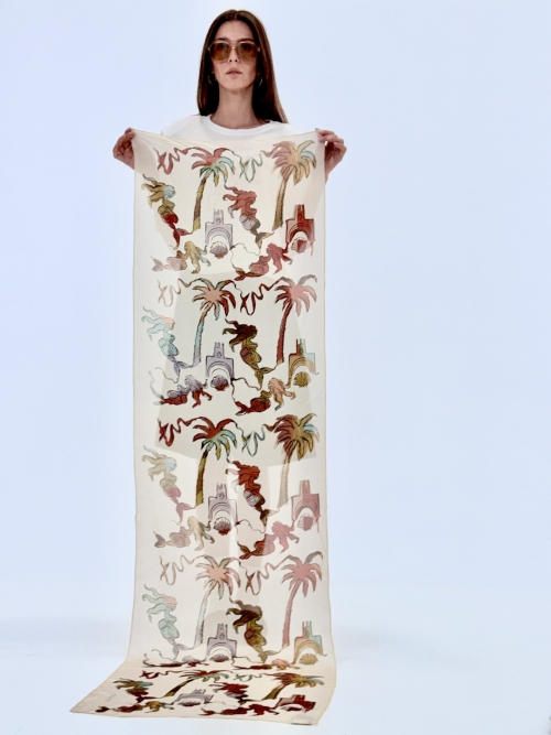 ISTORIA SILK SCARF PAINTED PALMART ECRU