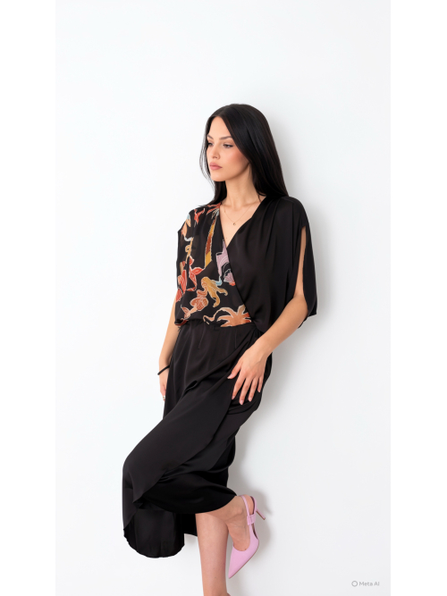 PALMOOR WRAP MIDI DRESS BLACK PALMART PRINT
