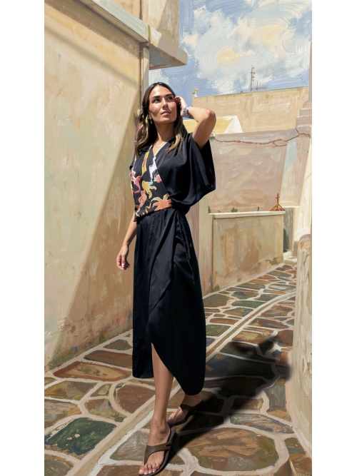 PALMOOR WRAP MIDI DRESS BLACK PALMART PRINT