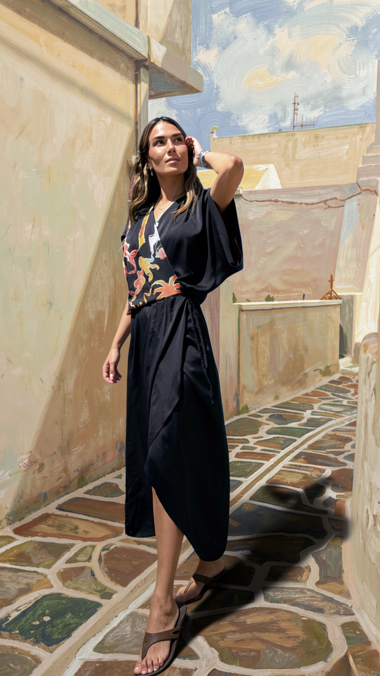 PALMOOR WRAP MIDI DRESS BLACK PALMART PRINT PALMOOR WRAP MIDI DRESS BLACK PALMART PRINT