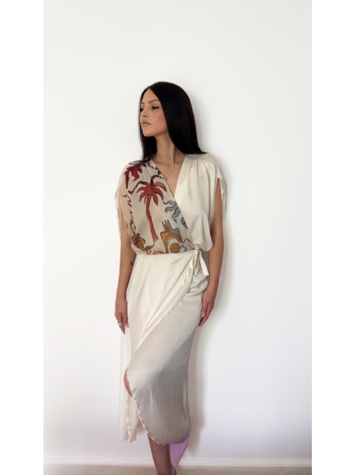 PALMOOR WRAP MIDI DRESS ECRU PALMART PRINT