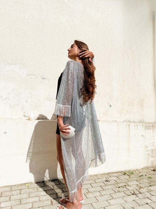 HOLLYSTIC SEQUIN KIMONO COVER UP SILVER
