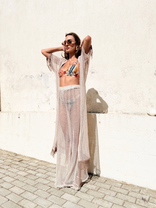 HOLLYSTIC NET KIMONO COVER UP FISHNET ECRU SEQUIN
